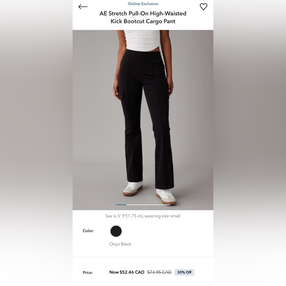 American Eagle Stretch Pull-On High-Waisted Kick Bootcut Cargo Pants Black M